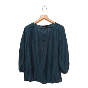 CALVIN Klein Jeans Teal 3/4 Sleeve Sheer Half Button Tie Neck Blouse Sz L